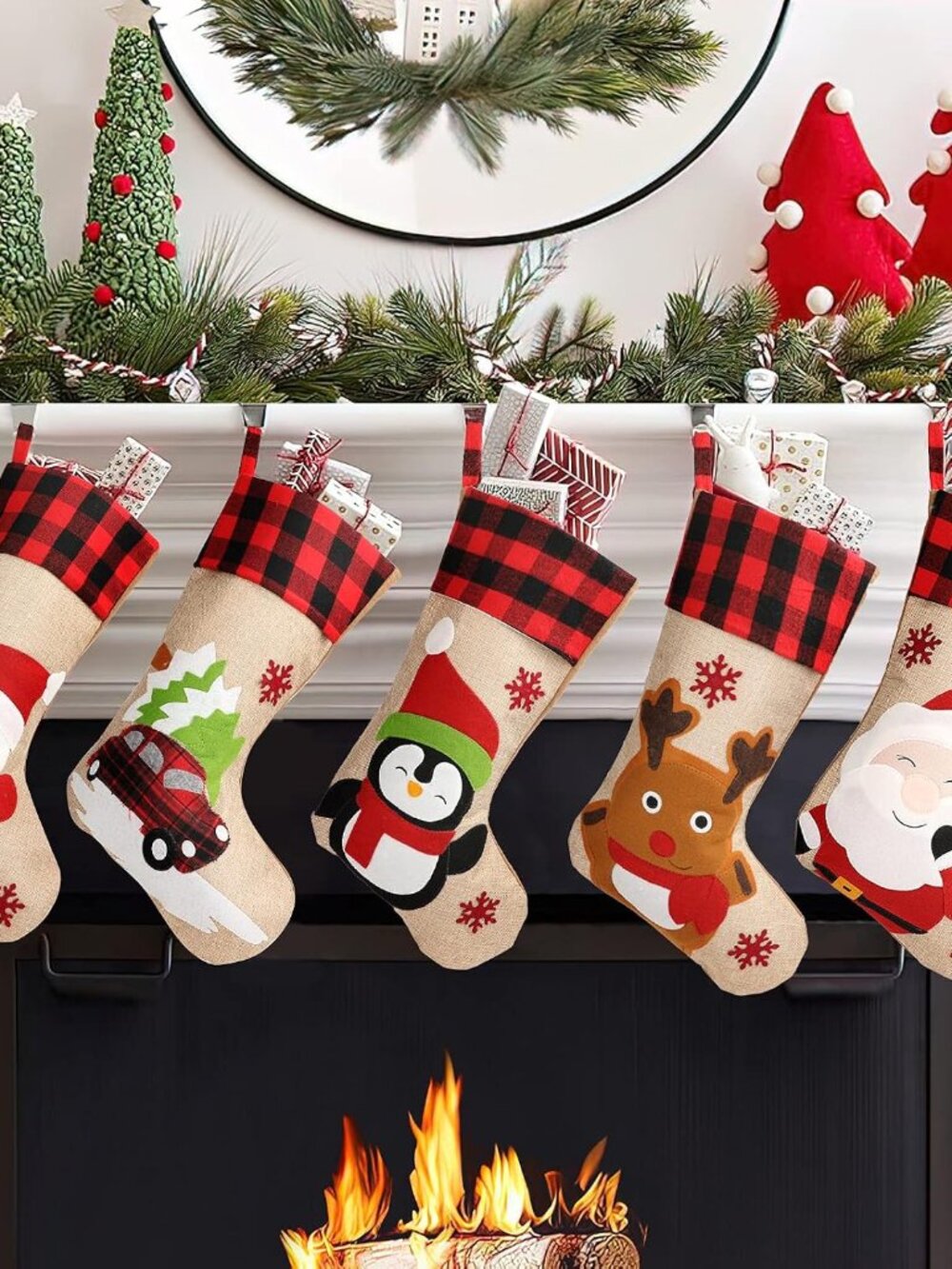 Christmas Stockings 5 Pack, 18'' Large Christmas Stockings with Santa Snowman Gn